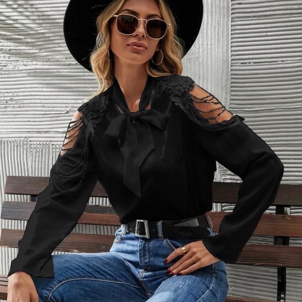 Ladies cold shoulder black woven blouse
